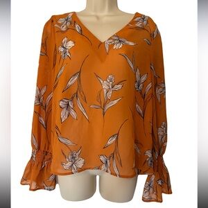 A New Day Vibrant Sheer Orange Floral Blouse